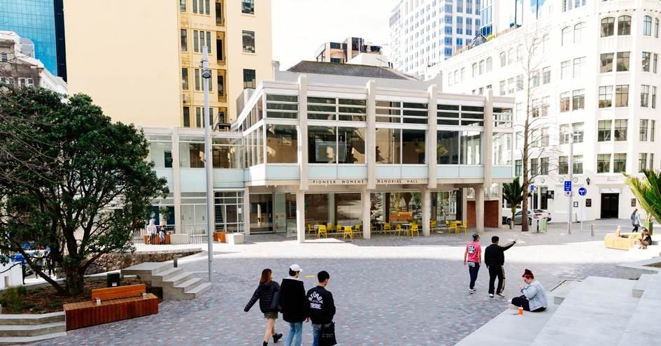 People in Freyberg place outside Ellen Melville Centre